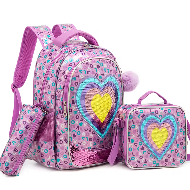 Rorete New Style Mermaid Sequin Purple Bookbag For Girl Backpack 3-Piece With Insulated Lunch Bag And Pencil Bag