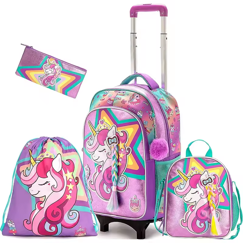 Rorete 17" 4 In 1 Cartoon Trolley Bag For Kids Set With Lunch Box Pencil Case, Custom Trolley School Backpack For Girls