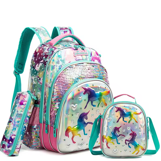 Rorete 3 in 1 Back Packs Set Students School Bag Cute Cartoon Printed Sequins 6D Backpacks for Girls