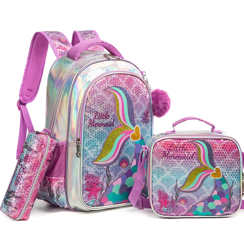 Rorete New Style Mermaid Sequin Purple Bookbag For Girl Backpack 3-Piece With Insulated Lunch Bag And Pencil Bag