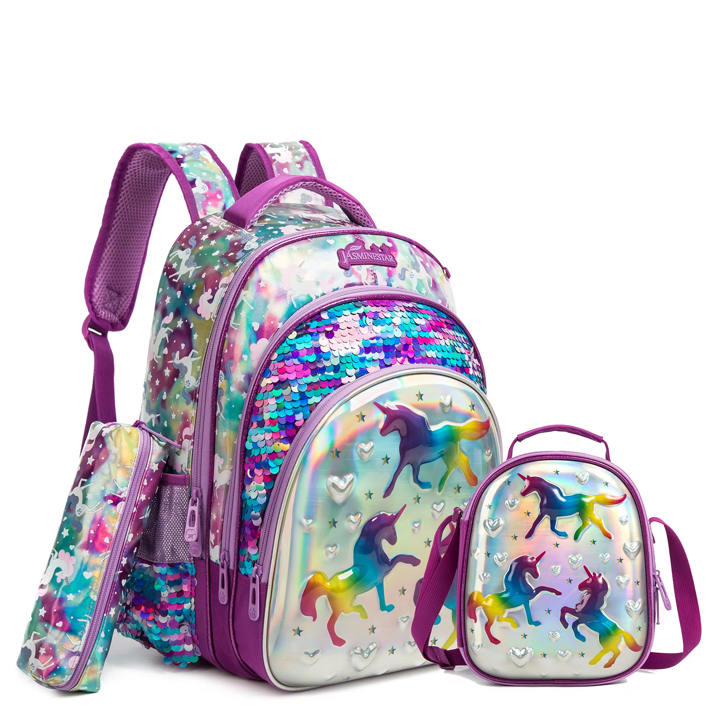 Rorete 3 in 1 Back Packs Set Students School Bag Cute Cartoon Printed Sequins 6D Backpacks for Girls