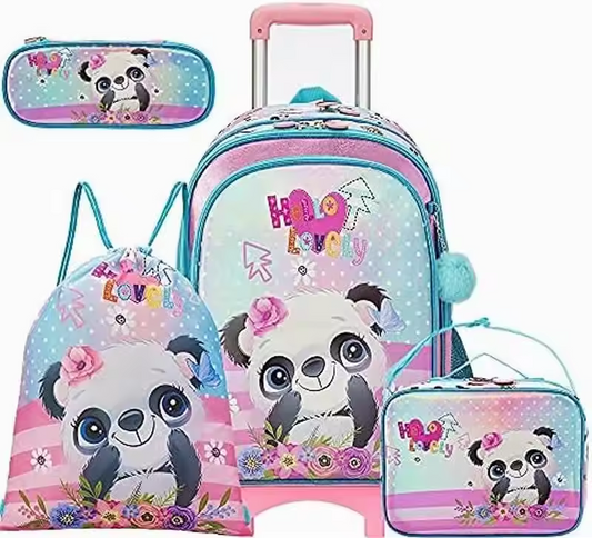 Rorete 17" 4 In 1 Cartoon Trolley Bag For Kids Set With Lunch Box Pencil Case, Custom Trolley School Backpack For Girls