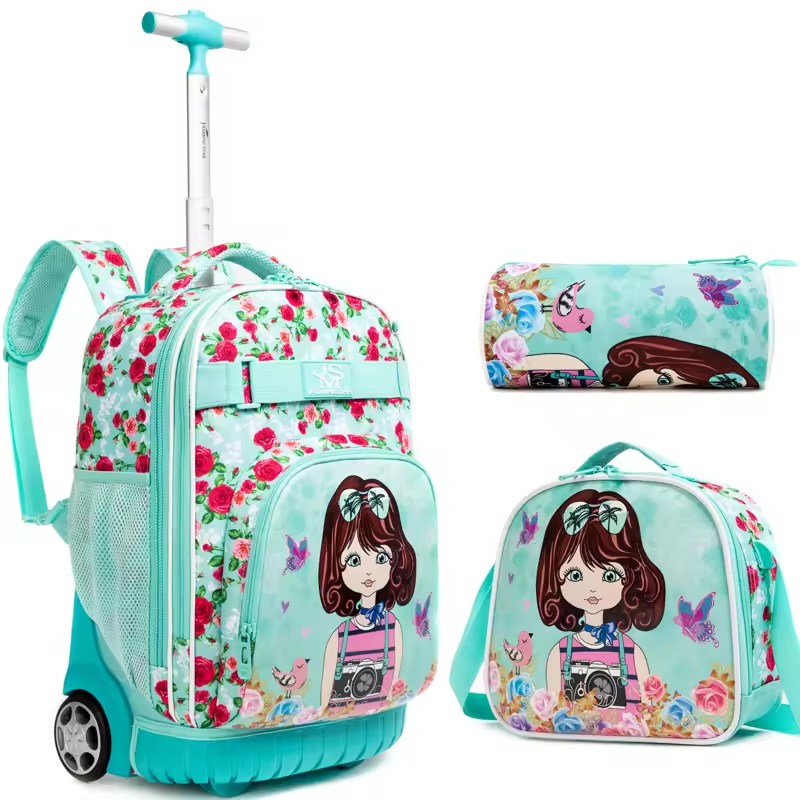 Rorete Girl Backpack 18 Inch 3 In 1 Bag Set Lunch Bag Pencil Bag Trolley Backpack For Children