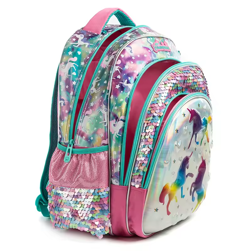 Rorete 3 in 1 Back Packs Set Students School Bag Cute Cartoon Printed Sequins 6D Backpacks for Girls