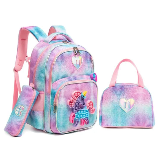 3PCS 16.5'' Backpack for Girls Kids Elementary Preschool Student with Lunch Box Pencil Case 3 in 1