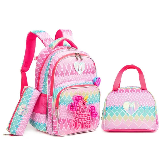 3PCS 16.5'' Backpack for Girls Kids Elementary Preschool Student with Lunch Box Pencil Case 3 in 1