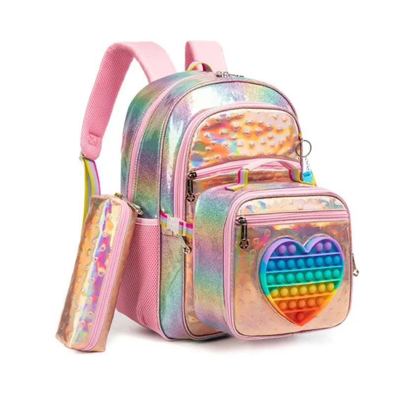 3PCS 16.5'' Backpack for Girls Kids Elementary Preschool Student with Lunch Box Pencil Case 3 in 1