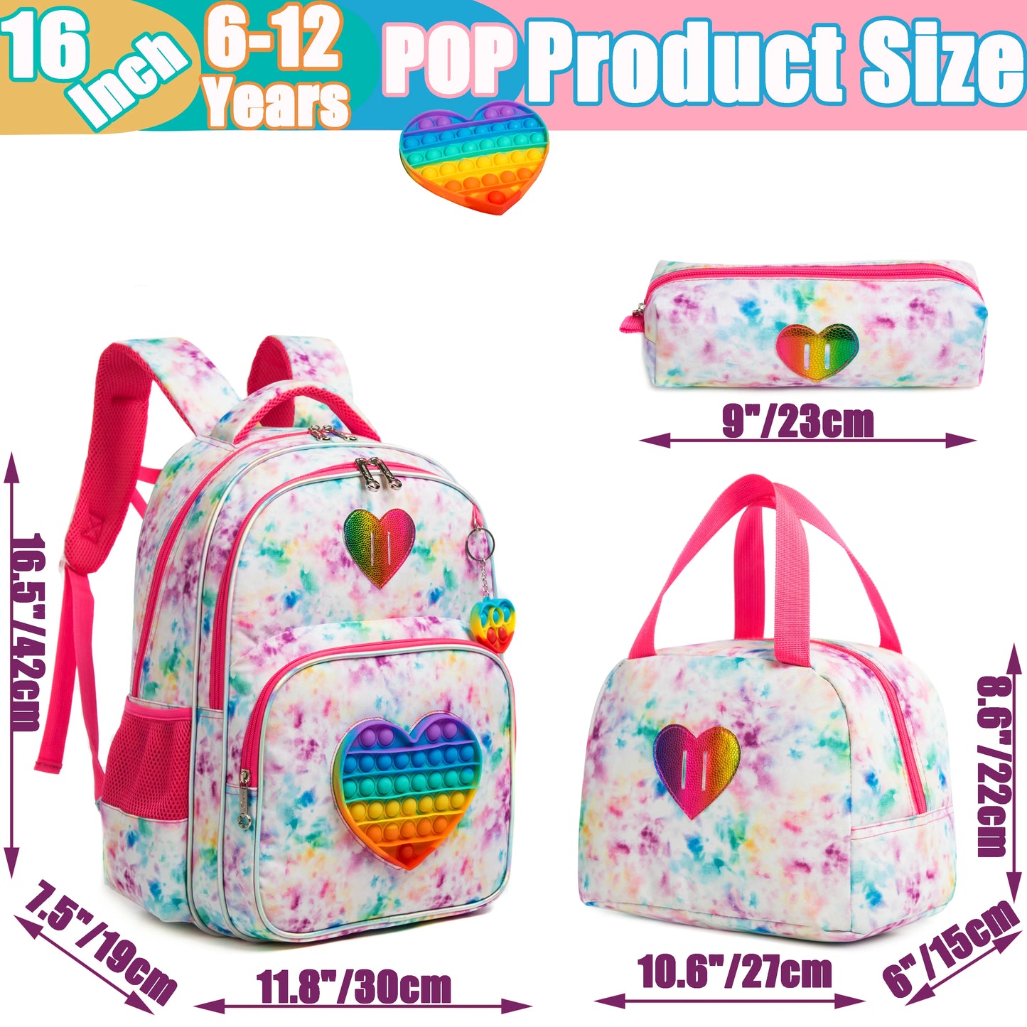 3PCS 16.5'' Backpack for Girls Kids Elementary Preschool Student with Lunch Box Pencil Case 3 in 1