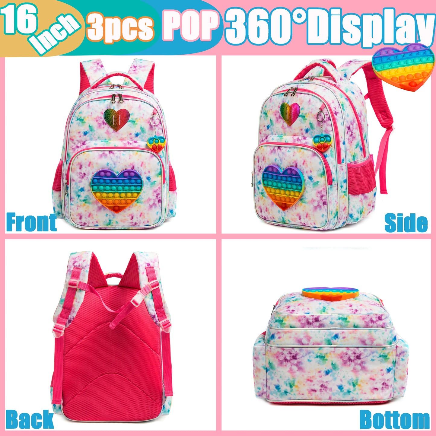 3PCS 16.5'' Backpack for Girls Kids Elementary Preschool Student with Lunch Box Pencil Case 3 in 1