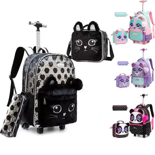 3PCS Kids Rolling Backpack for Girls Cute Sequin Cat Backpacks with Wheels for Elementary Students with Lunch Box for Girlstout