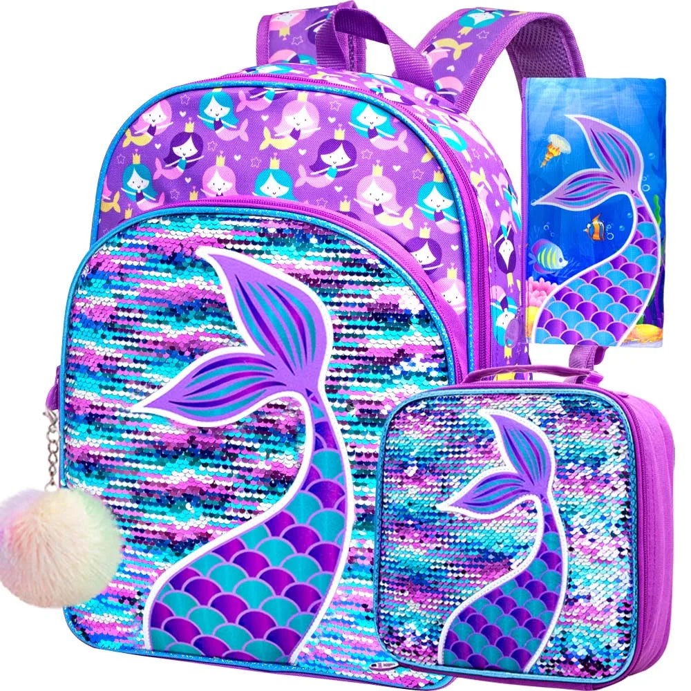 3PCS Mermaid Backpacks for Girls, 16" Little Kid Sequin Preschool School Bookbag and Lunch Box