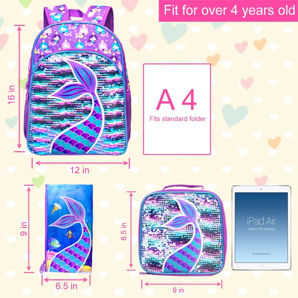 3PCS Mermaid Backpacks for Girls, 16" Little Kid Sequin Preschool School Bookbag and Lunch Box