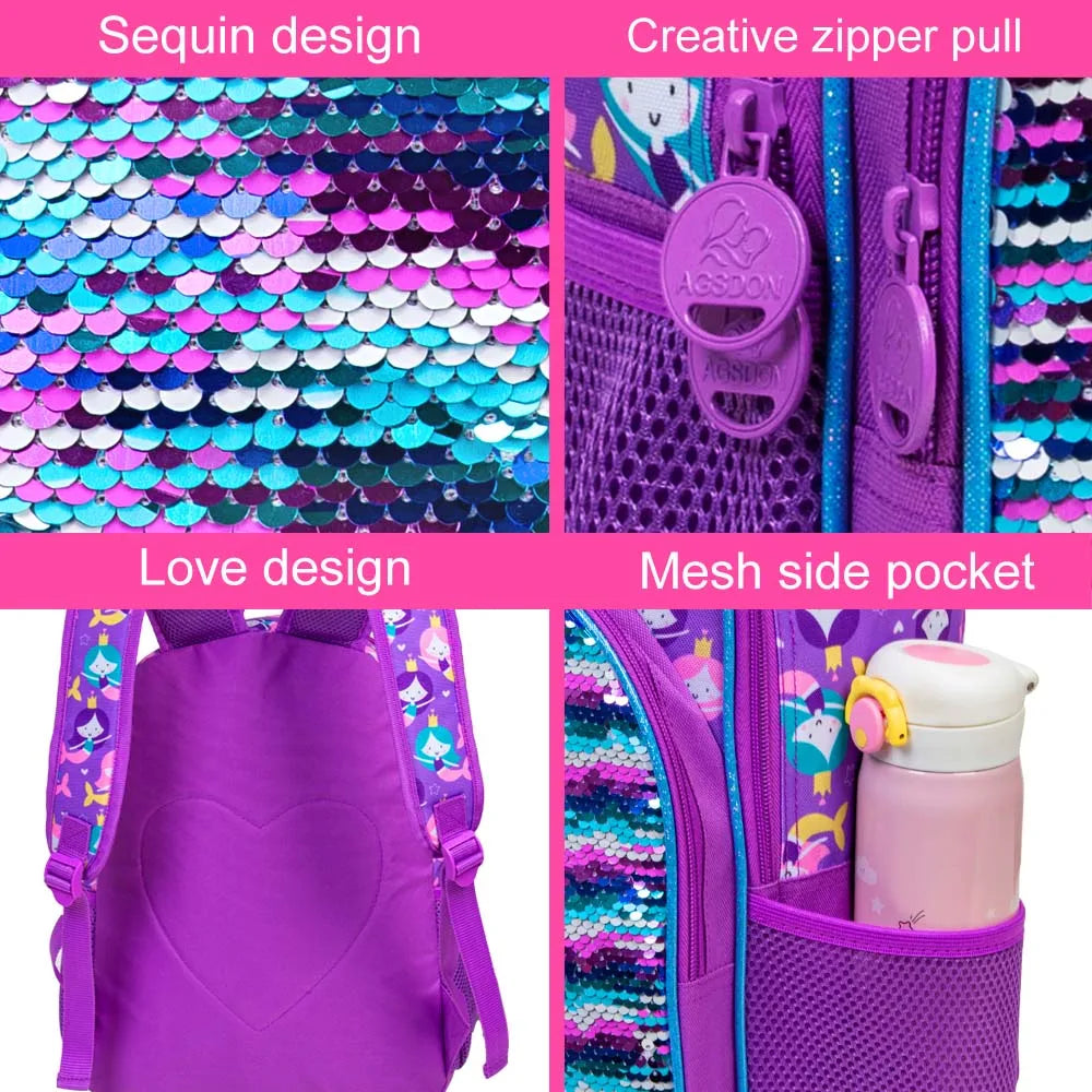 3PCS Mermaid Backpacks for Girls, 16" Little Kid Sequin Preschool School Bookbag and Lunch Box