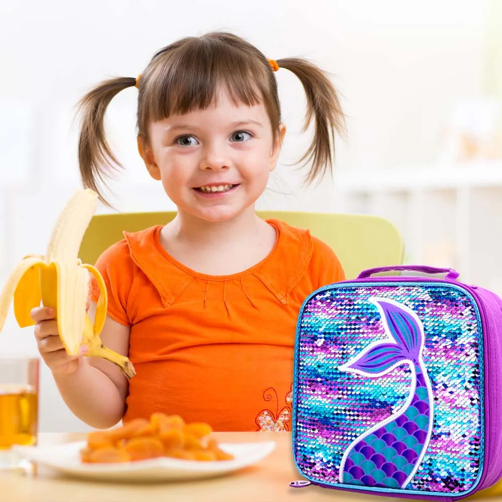 3PCS Mermaid Backpacks for Girls, 16" Little Kid Sequin Preschool School Bookbag and Lunch Box