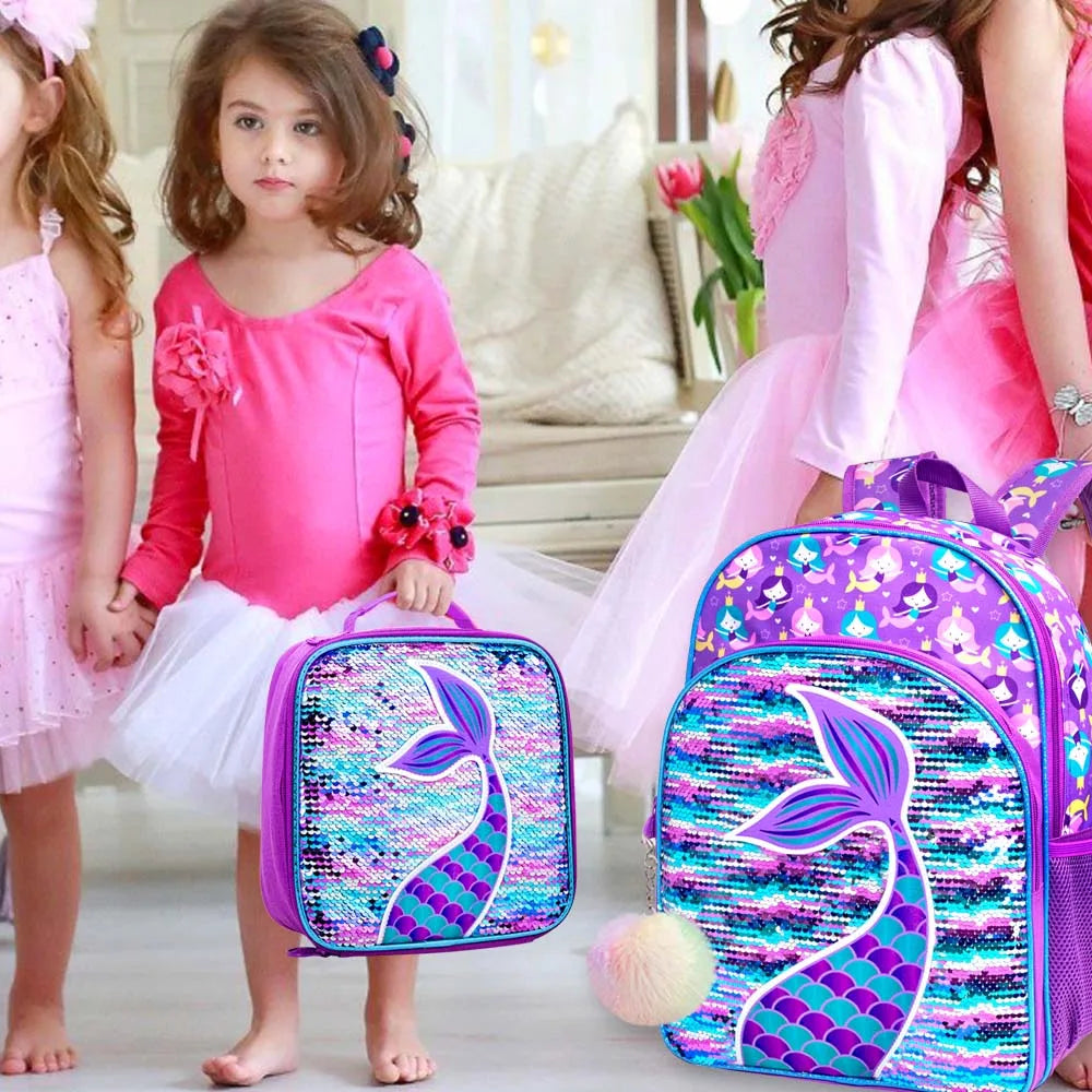 3PCS Mermaid Backpacks for Girls, 16" Little Kid Sequin Preschool School Bookbag and Lunch Box