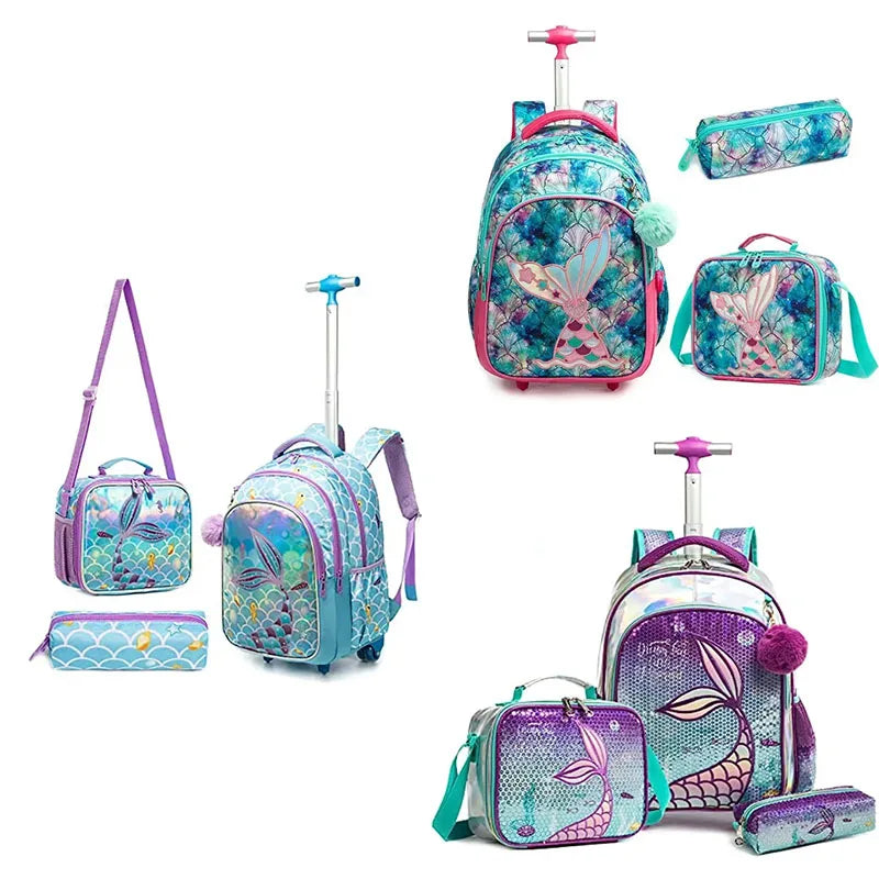 3PCS Mermaid Rolling Backpack for Gilrs Backpacks with Wheels for Elementary School Bag Trolley Trips Luggage with Lunch Box