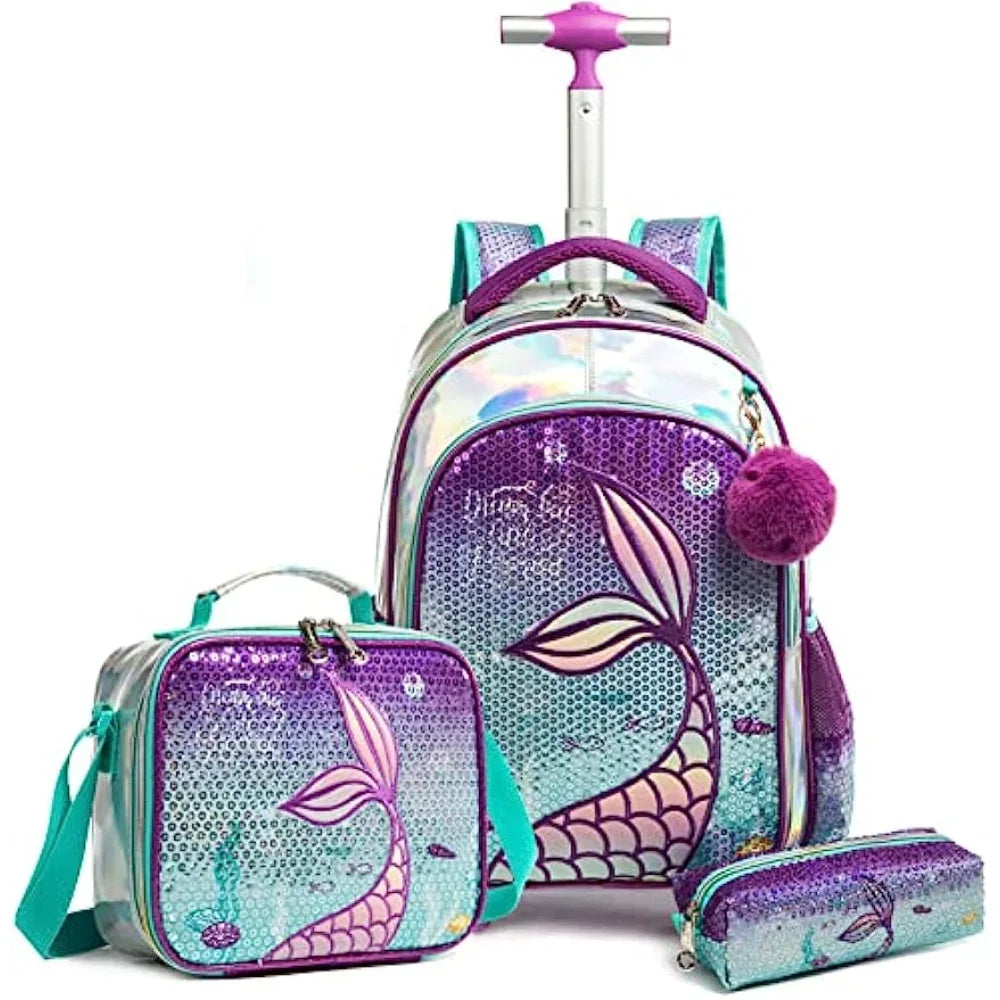 3PCS Mermaid Rolling Backpack for Gilrs Backpacks with Wheels for Elementary School Bag Trolley Trips Luggage with Lunch Box