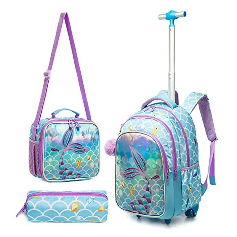 3PCS Mermaid Rolling Backpack for Gilrs Backpacks with Wheels for Elementary School Bag Trolley Trips Luggage with Lunch Box