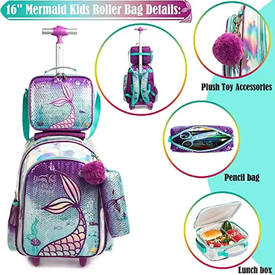 3PCS Mermaid Rolling Backpack for Gilrs Backpacks with Wheels for Elementary School Bag Trolley Trips Luggage with Lunch Box