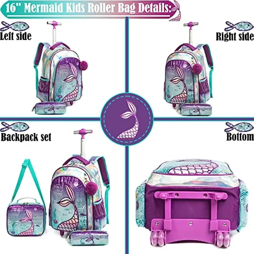 3PCS Mermaid Rolling Backpack for Gilrs Backpacks with Wheels for Elementary School Bag Trolley Trips Luggage with Lunch Box