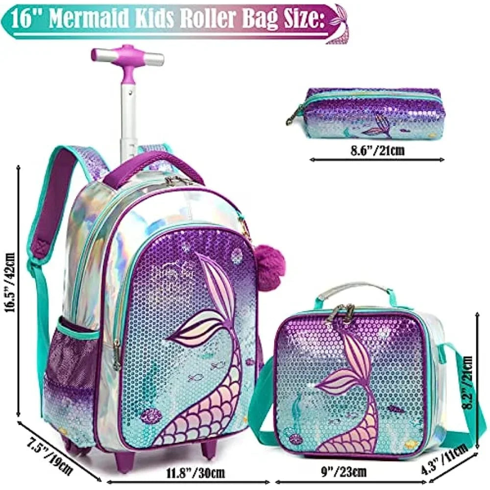 3PCS Mermaid Rolling Backpack for Gilrs Backpacks with Wheels for Elementary School Bag Trolley Trips Luggage with Lunch Box