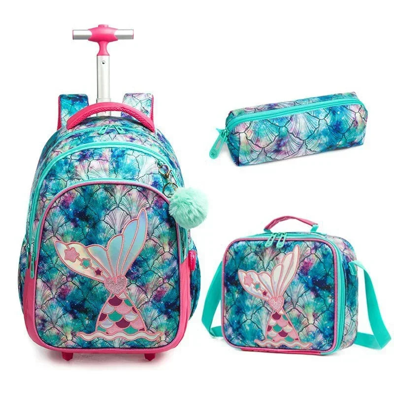 3PCS Mermaid Rolling Backpack for Gilrs Backpacks with Wheels for Elementary School Bag Trolley Trips Luggage with Lunch Box