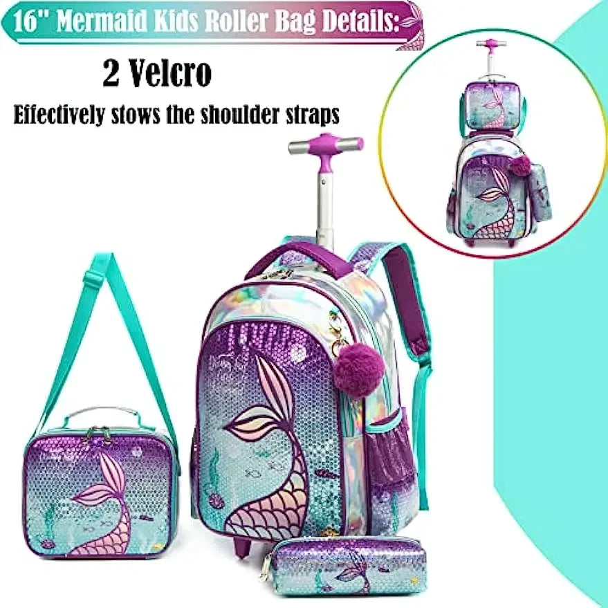 3PCS Mermaid Rolling Backpack for Gilrs Backpacks with Wheels for Elementary School Bag Trolley Trips Luggage with Lunch Box