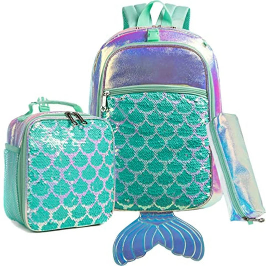 3PCS Mermaid Tail Backpack for Girls Backpack with Lunch Box Set for Elementary Student Kids School Bag for Girls Ages 5-8Year