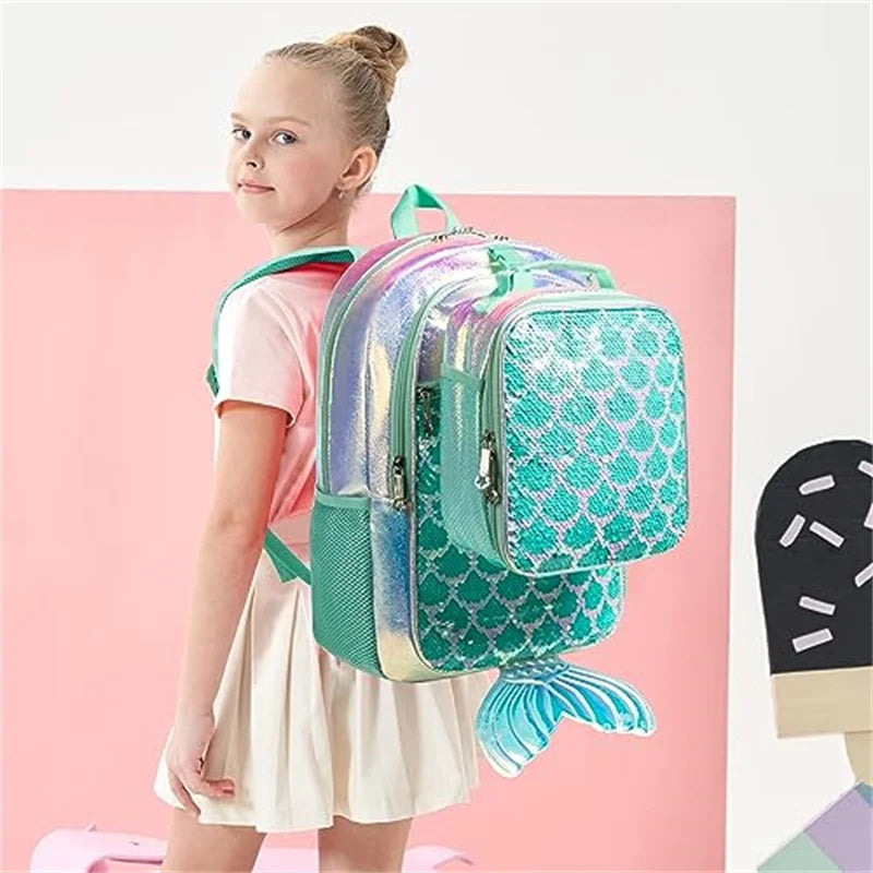 3PCS Mermaid Tail Backpack for Girls Backpack with Lunch Box Set for Elementary Student Kids School Bag for Girls Ages 5-8Year