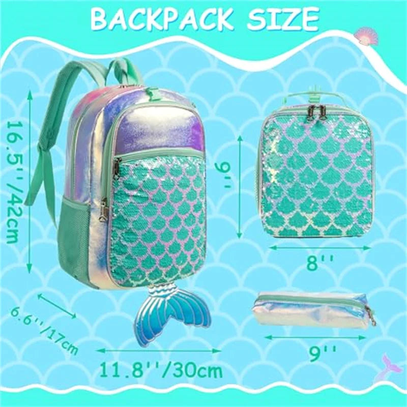 3PCS Mermaid Tail Backpack for Girls Backpack with Lunch Box Set for Elementary Student Kids School Bag for Girls Ages 5-8Year