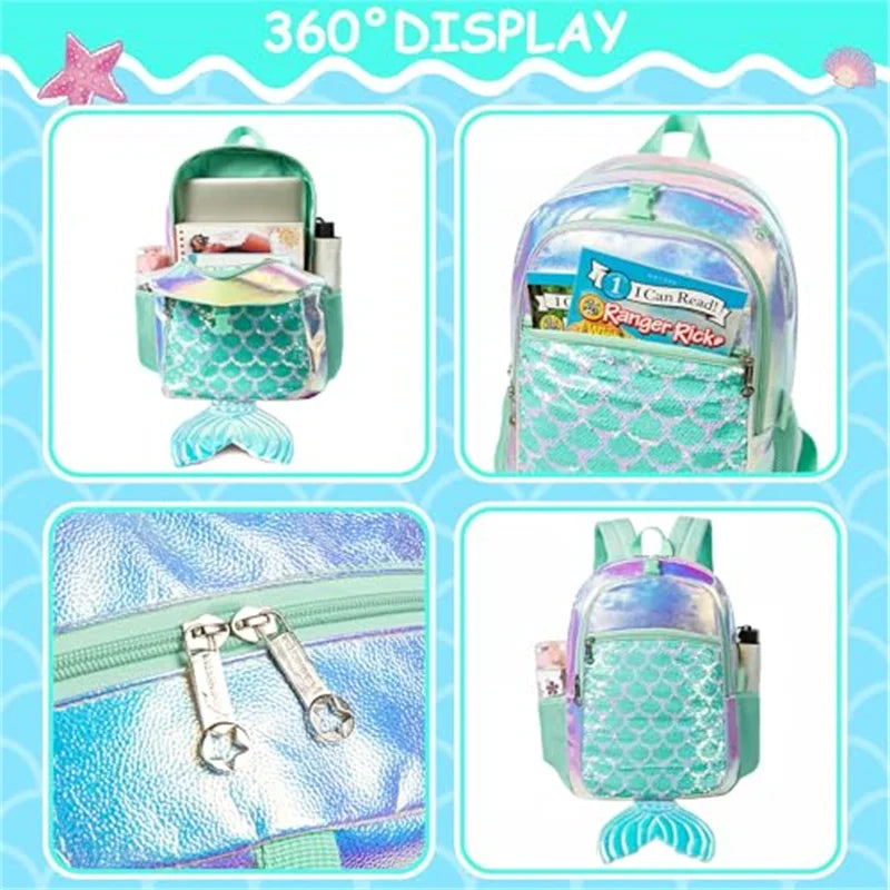 3PCS Mermaid Tail Backpack for Girls Backpack with Lunch Box Set for Elementary Student Kids School Bag for Girls Ages 5-8Year