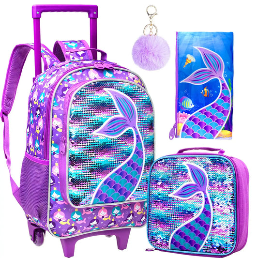 3PCS Rolling Backpack for Girls Kids Roller Wheels Bookbag with Lunch Bag Purple Fishtail Glow-in-the-dark Function