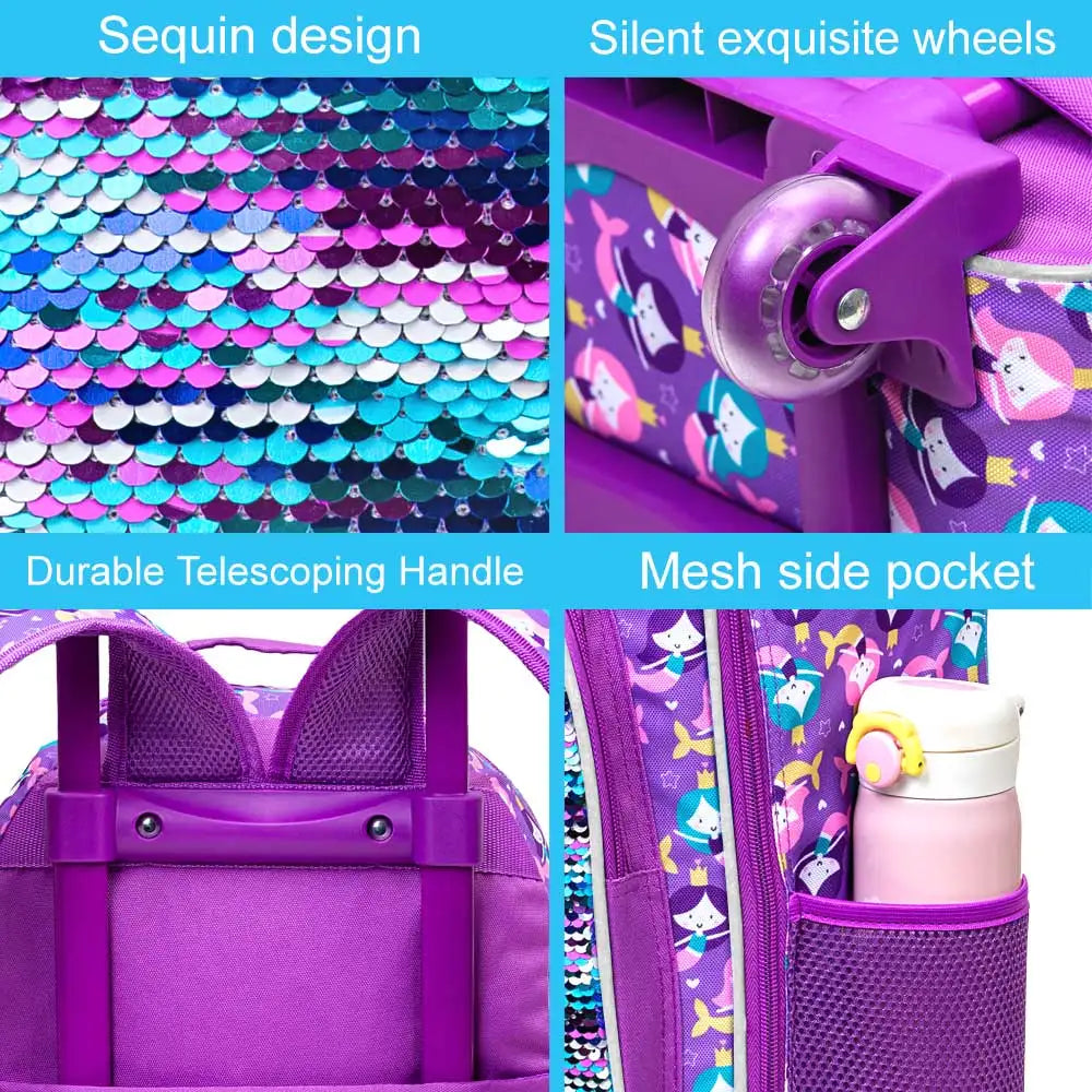 3PCS Rolling Backpack for Girls Kids Roller Wheels Bookbag with Lunch Bag Purple Fishtail Glow-in-the-dark Function