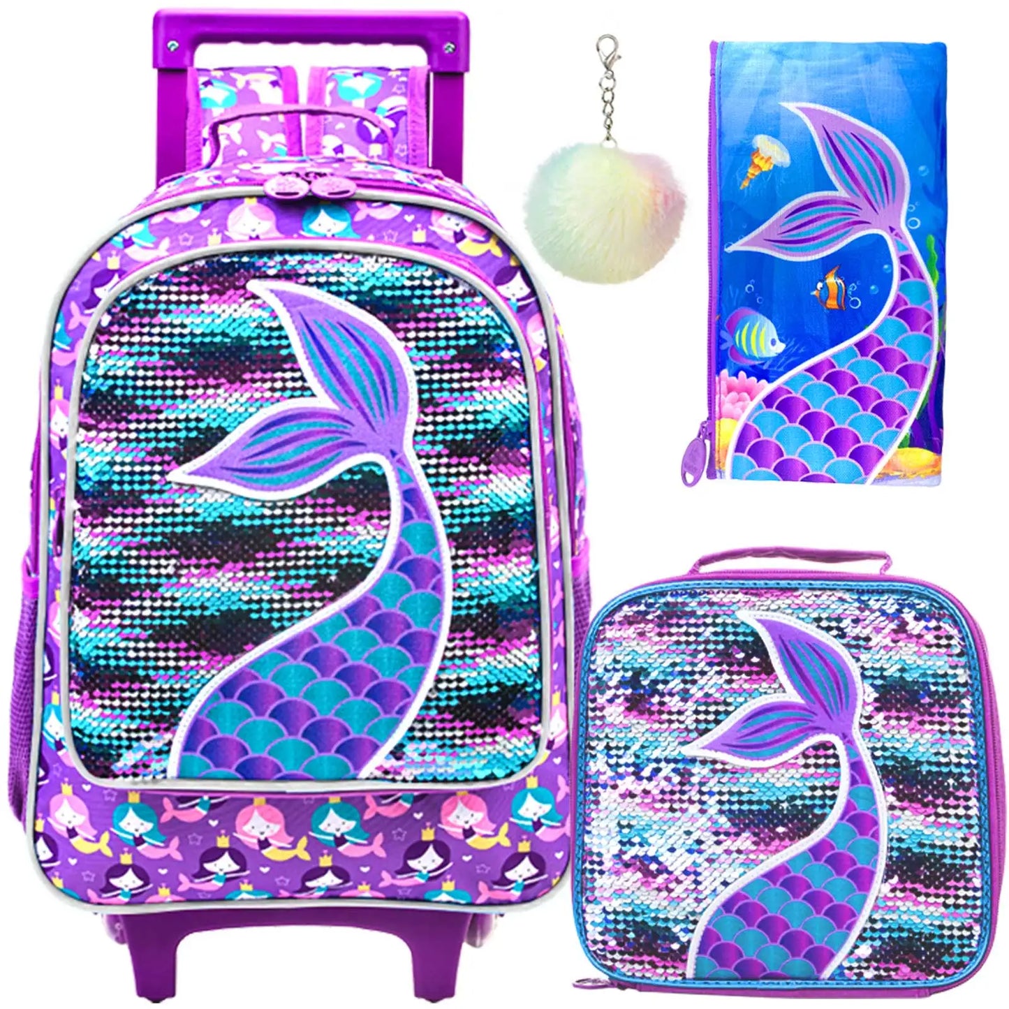 3PCS Rolling Backpack for Girls Kids Roller Wheels Bookbag with Lunch Bag Purple Fishtail Glow-in-the-dark Function