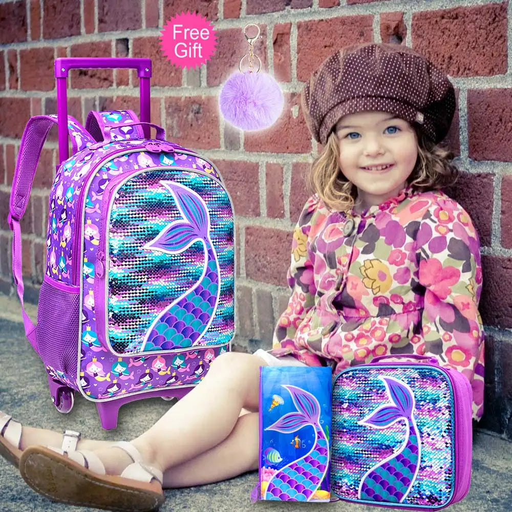 3PCS Rolling Backpack for Girls Kids Roller Wheels Bookbag with Lunch Bag Purple Fishtail Glow-in-the-dark Function