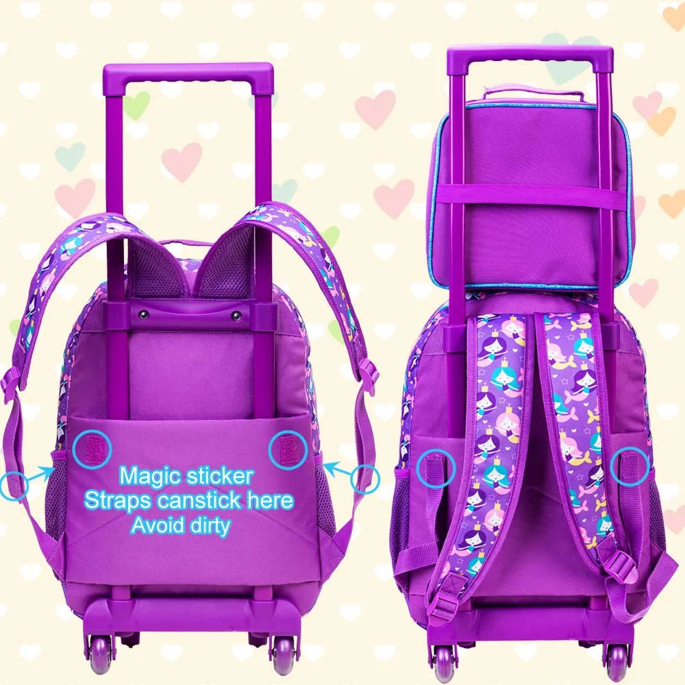 3PCS Rolling Backpack for Girls Kids Roller Wheels Bookbag with Lunch Bag Purple Fishtail Glow-in-the-dark Function