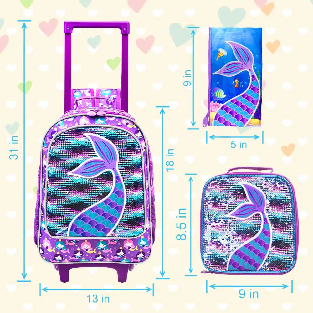 3PCS Rolling Backpack for Girls Kids Roller Wheels Bookbag with Lunch Bag Purple Fishtail Glow-in-the-dark Function