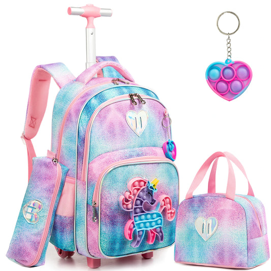 3PCS Rolling Unicorn Backpacks for Girls Kids School Bookbag for Elementary School Backpack with wheels for Girls Lightweight