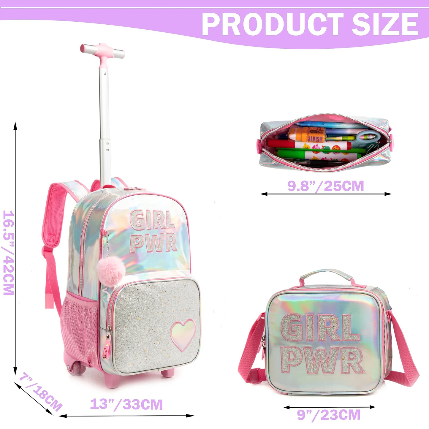 3PCS  School Bags for Girls with Wheeled Bag Sequin Cartoon Cute  16"  Kids' Luggage  Mochila Trolley  Mochila Trolley