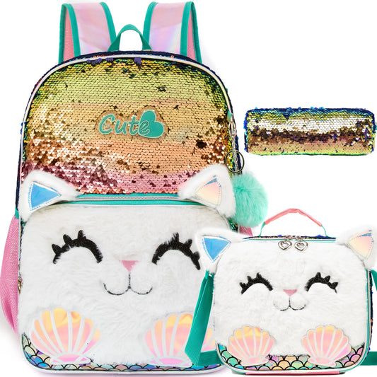 3PCS set Backpack For Girls, Cute Cartoon Cat Sequin Design Bookbag With Lunch Box And Pen Bag, Elementary school backpack