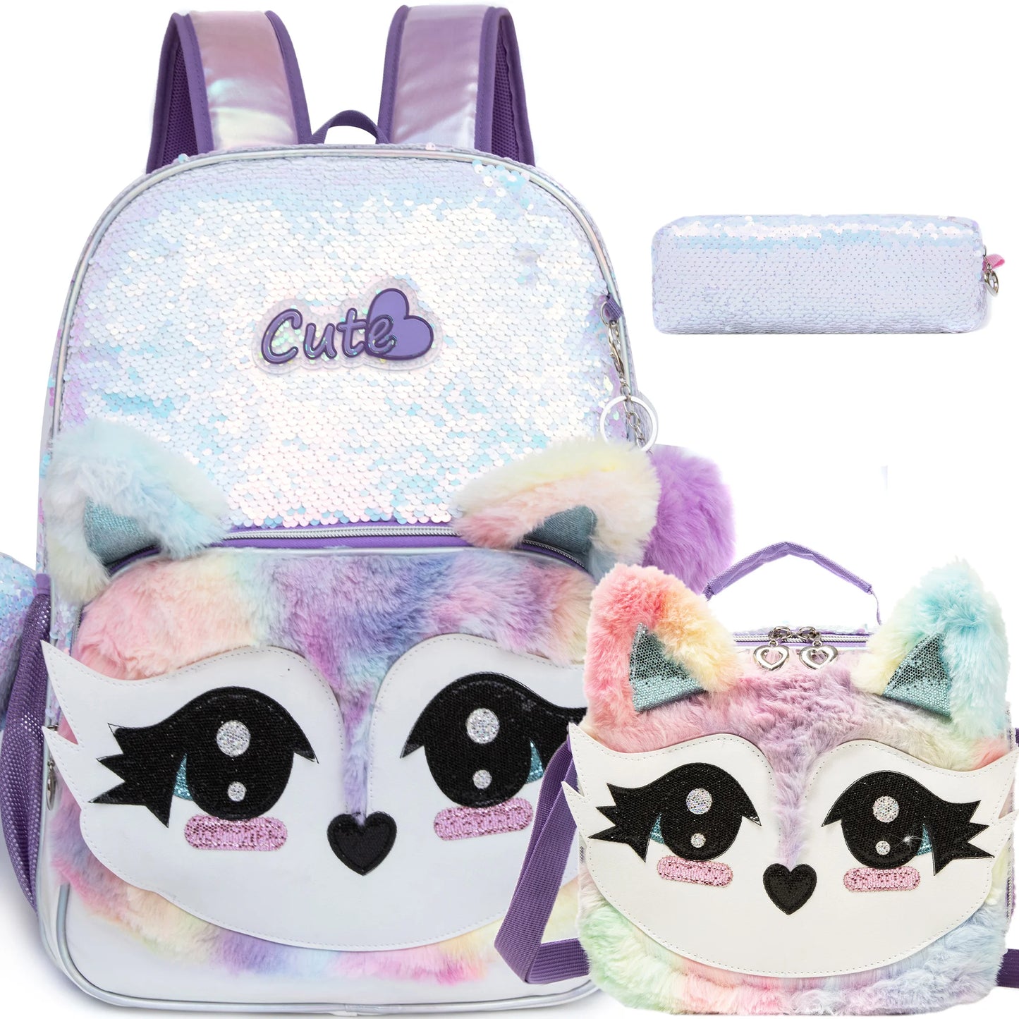 3PCS set Backpack For Girls, Cute Cartoon Cat Sequin Design Bookbag With Lunch Box And Pen Bag, Elementary school backpack