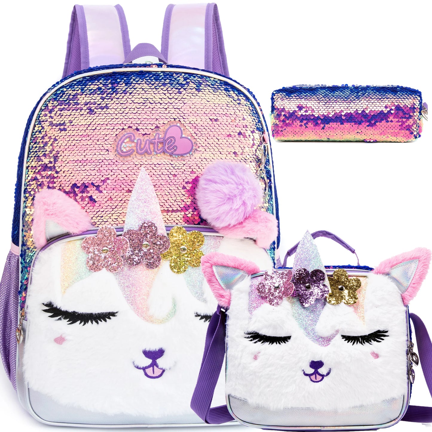 3PCS set Backpack For Girls, Cute Cartoon Cat Sequin Design Bookbag With Lunch Box And Pen Bag, Elementary school backpack