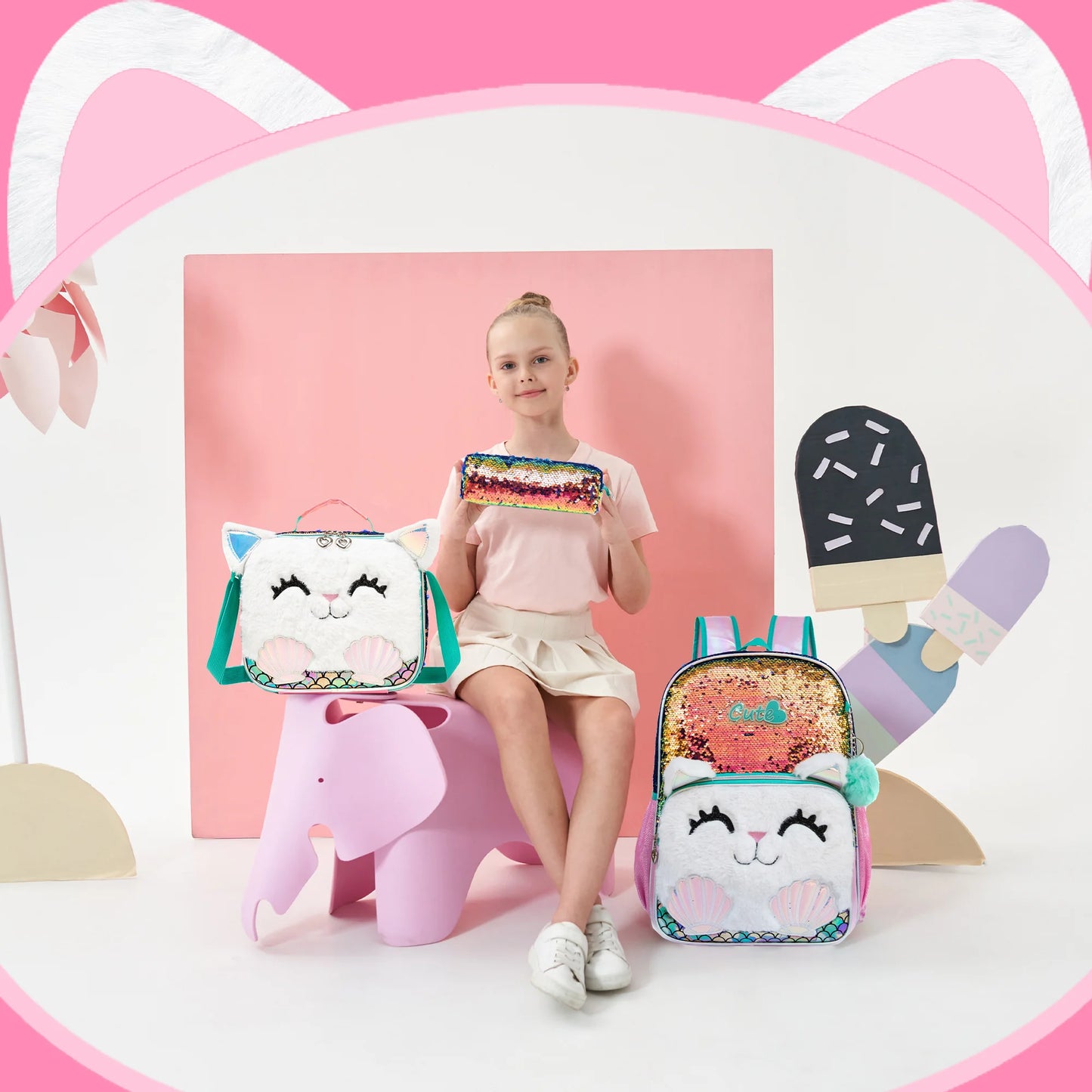 3PCS set Backpack For Girls, Cute Cartoon Cat Sequin Design Bookbag With Lunch Box And Pen Bag, Elementary school backpack