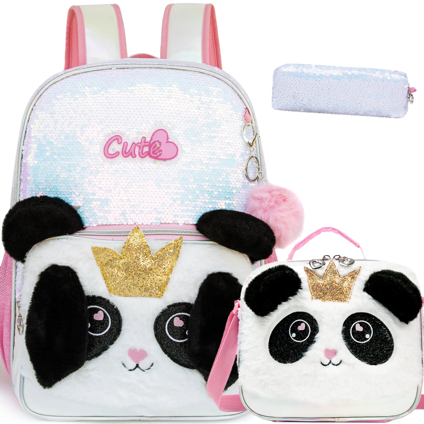 3PCS set Backpack For Girls, Cute Cartoon Cat Sequin Design Bookbag With Lunch Box And Pen Bag, Elementary school backpack