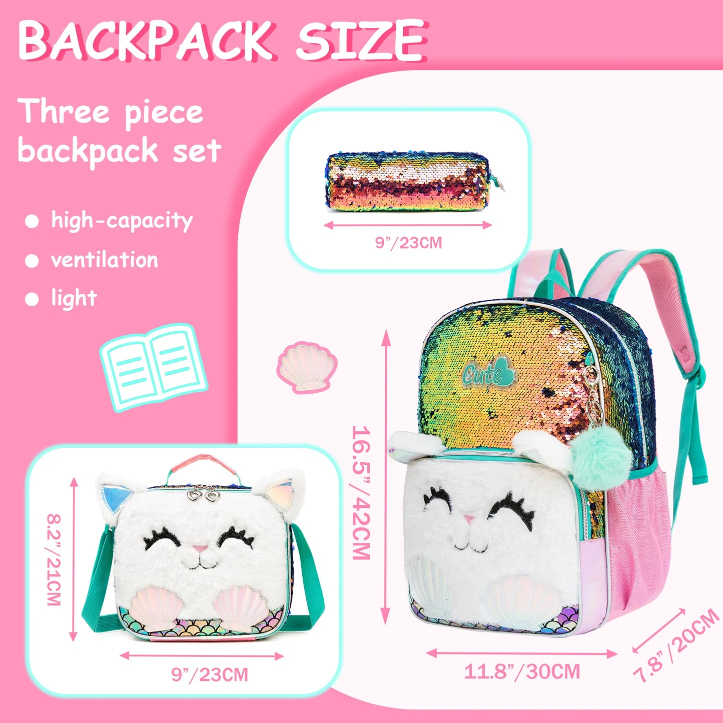 3PCS set Backpack For Girls, Cute Cartoon Cat Sequin Design Bookbag With Lunch Box And Pen Bag, Elementary school backpack