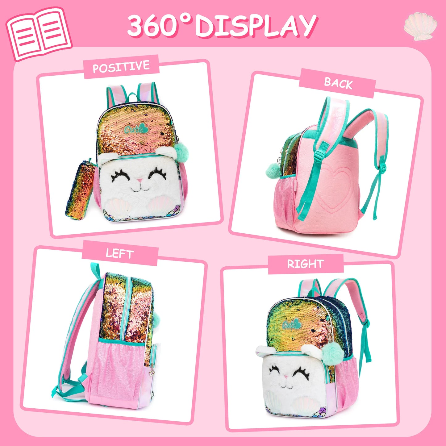 3PCS set Backpack For Girls, Cute Cartoon Cat Sequin Design Bookbag With Lunch Box And Pen Bag, Elementary school backpack