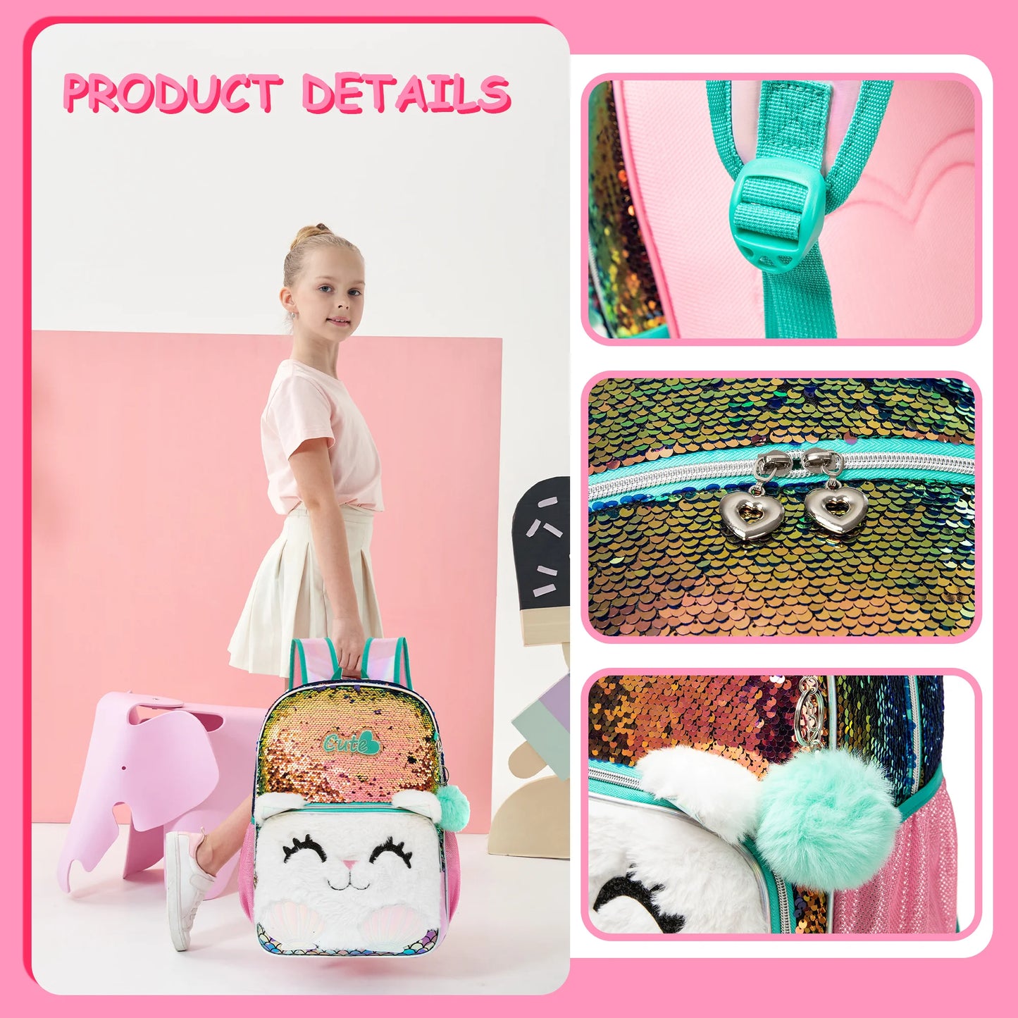 3PCS set Backpack For Girls, Cute Cartoon Cat Sequin Design Bookbag With Lunch Box And Pen Bag, Elementary school backpack