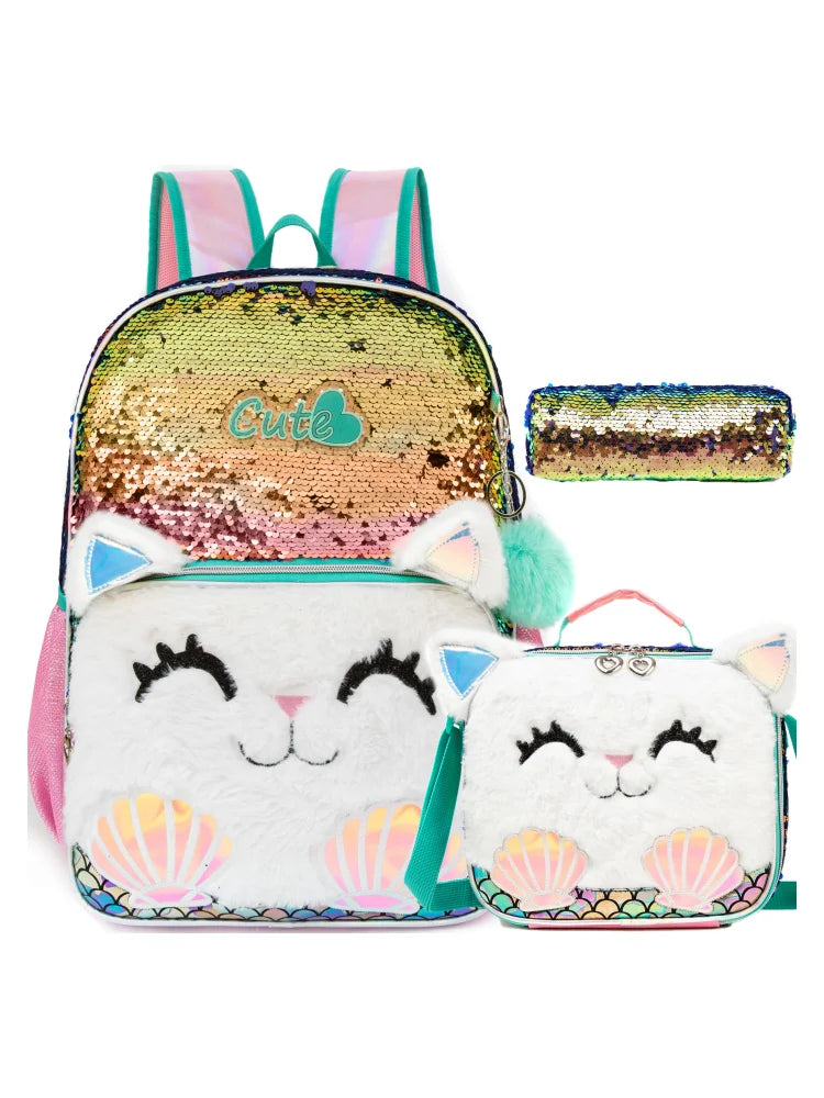 3PCS set Backpack For Girls, Cute Cartoon Cat Sequin Design Bookbag With Lunch Box And Pen Bag, Elementary school backpack