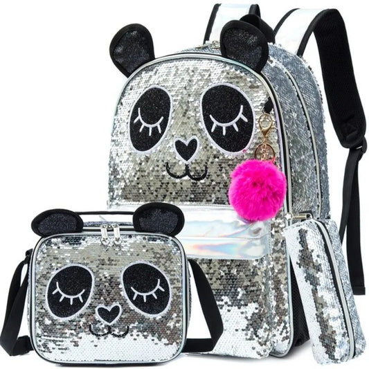 3PCSCute Backpack for Girls Pink Panda Cat School Backpacks Kids Sequin Bookbag for Elementary Kindergarten Students with Lunch