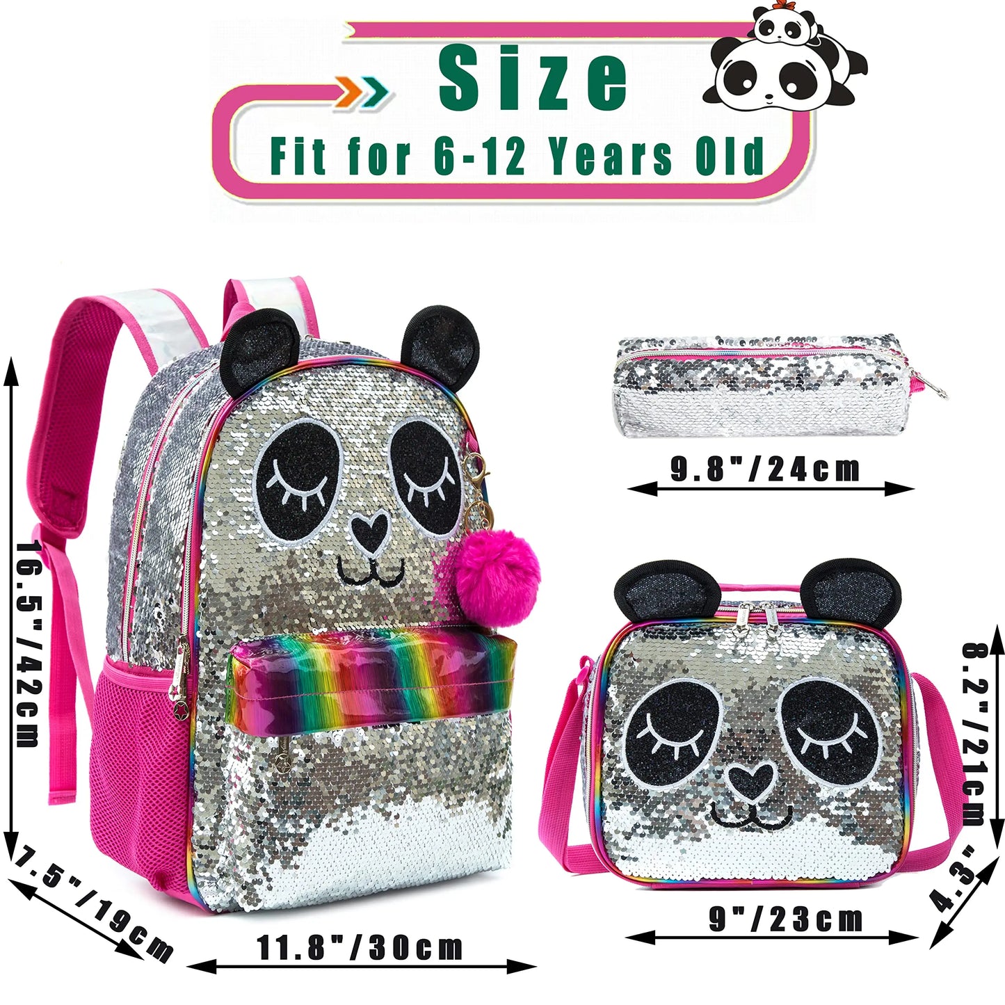 3PCSCute Backpack for Girls Pink Panda Cat School Backpacks Kids Sequin Bookbag for Elementary Kindergarten Students with Lunch